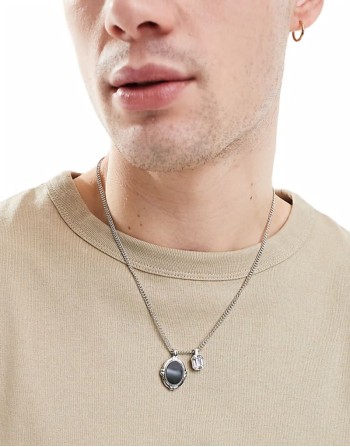 crystal and black stone multi pendant necklace in silver