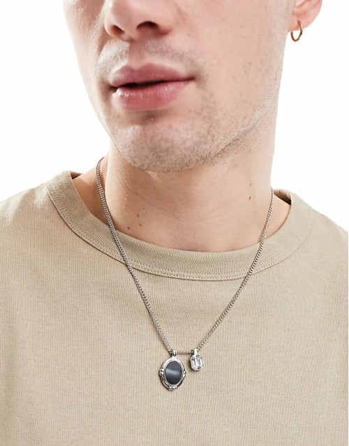 crystal and black stone multi pendant necklace in silver