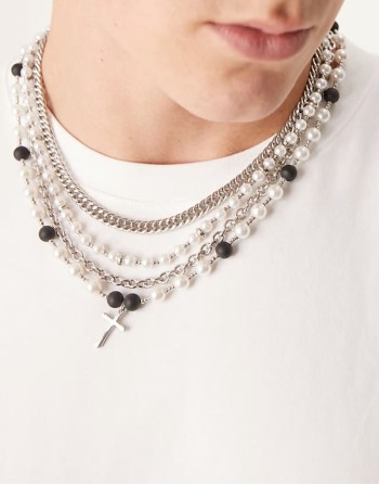 festival faux pearl multi row cross pendant necklace in silver