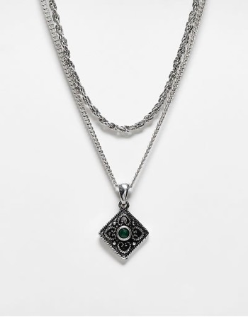 unisex 2 row necklace with pendant in green