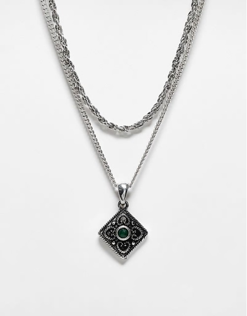 unisex 2 row necklace with pendant in green