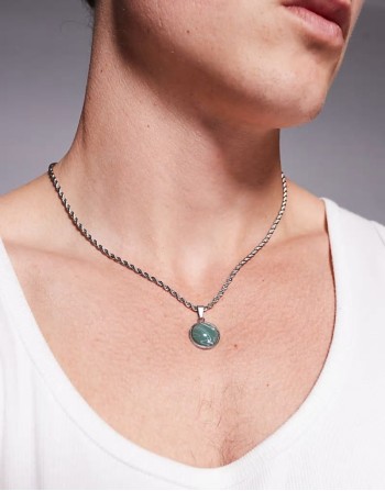 festival stainless steel faux jade round pendant necklace in silver