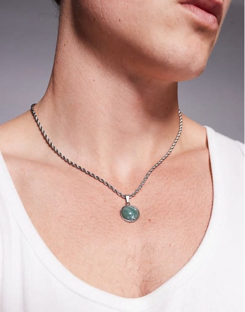 festival stainless steel faux jade round pendant necklace in silver