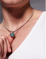 festival stainless steel faux jade round pendant necklace in silver
