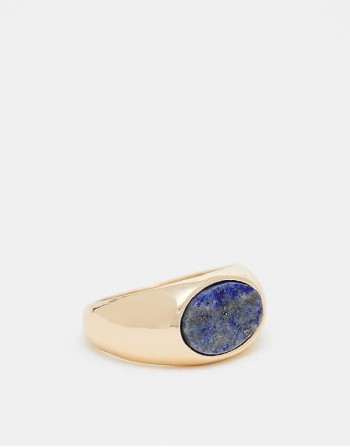 signet ring with blue lapis stone in gold tone