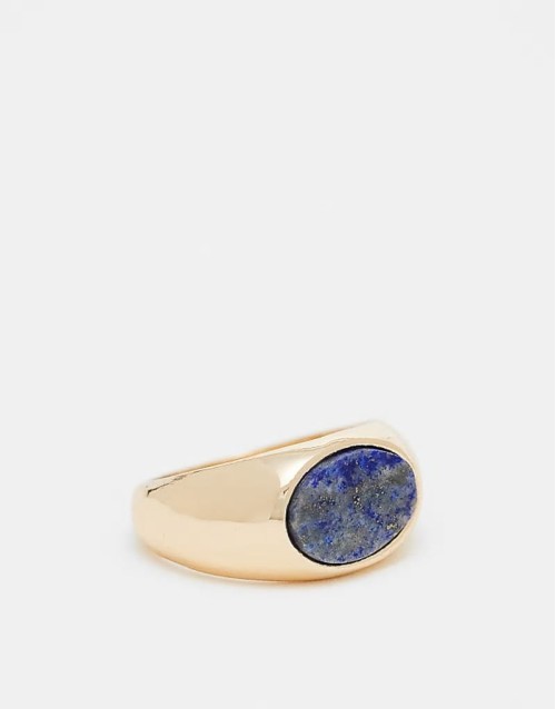 signet ring with blue lapis stone in gold tone