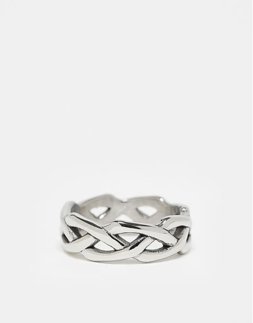 waterproof stainless steel plaited thorn band ring in silver tone
