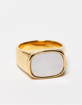 waterproof stainless steel signet ring with faux mother of pearl in gold tone