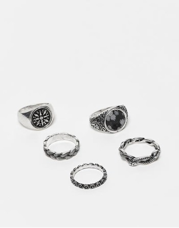 5 pack signet rings with black stone and compass in burnished silver tone