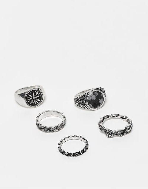 5 pack signet rings with black stone and compass in burnished silver tone
