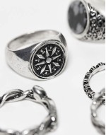5 pack signet rings with black stone and compass in burnished silver tone