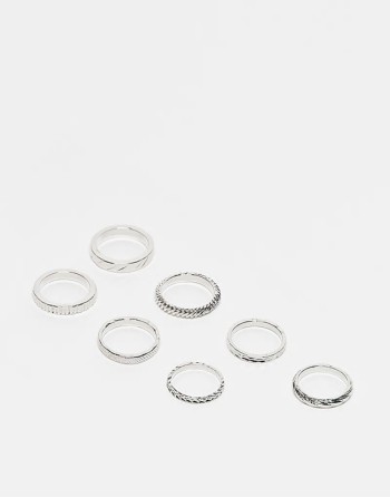 7 pack snake and burnished design band rings in silver tone