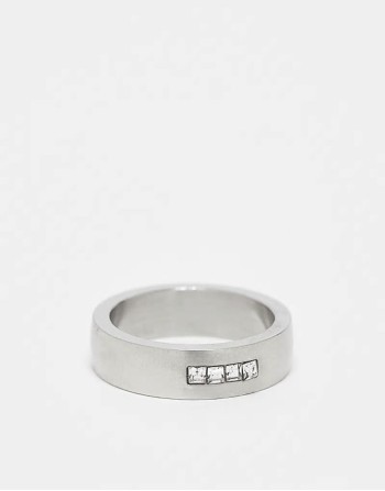 waterproof stainless steel square crystal plain band ring in brushed silver