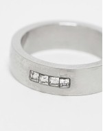 waterproof stainless steel square crystal plain band ring in brushed silver