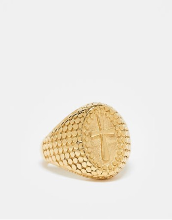 festival waterproof stainless steel signet ring with cross detail in gold tone
