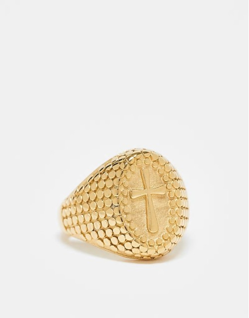 festival waterproof stainless steel signet ring with cross detail in gold tone