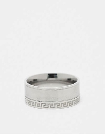 waterproof stainless steel Greek wave single edge band ring in brushed silver