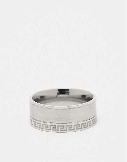 waterproof stainless steel Greek wave single edge band ring in brushed silver