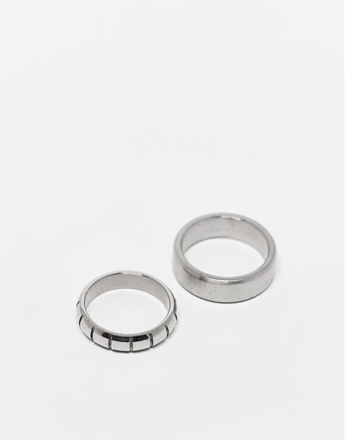 waterproof stainless steel 2 pack engraved and plain band ring set in silver