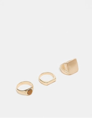 3 pack semi-precious tigers eye stone signet ring set in gold
