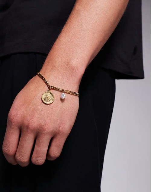 festival waterproof stainless steel St Christopher coin and faux pearl pendant bracelet in gold