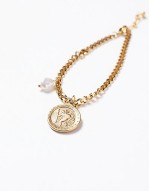 festival waterproof stainless steel St Christopher coin and faux pearl pendant bracelet in gold