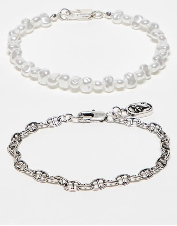 pack of two pearl and chain bracelets in silver