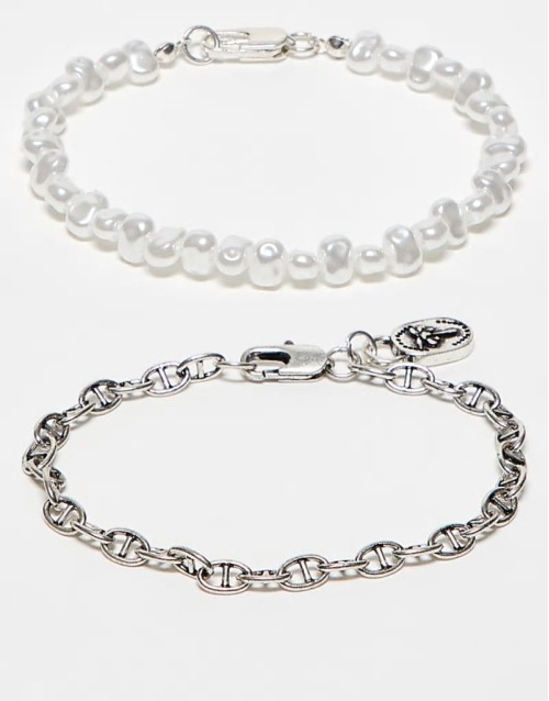 pack of two pearl and chain bracelets in silver