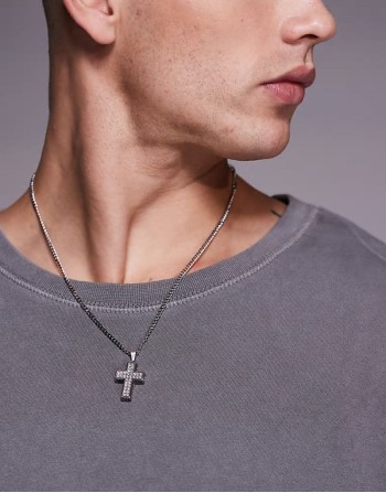 festival waterproof stainless steel crystal cross pendant necklace in silver