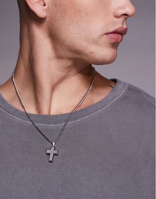 festival waterproof stainless steel crystal cross pendant necklace in silver