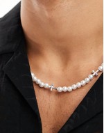 pearl necklace with silver plated cross charms